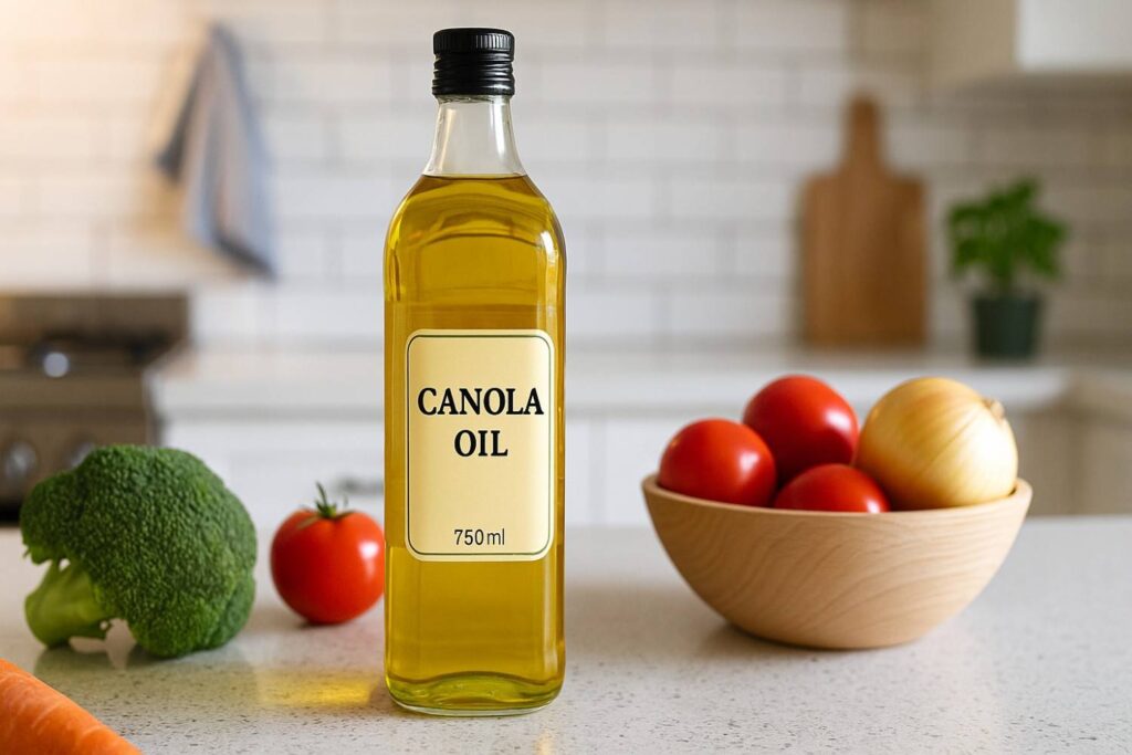 Fresh canola oil bottle on kitchen counter with vegetables