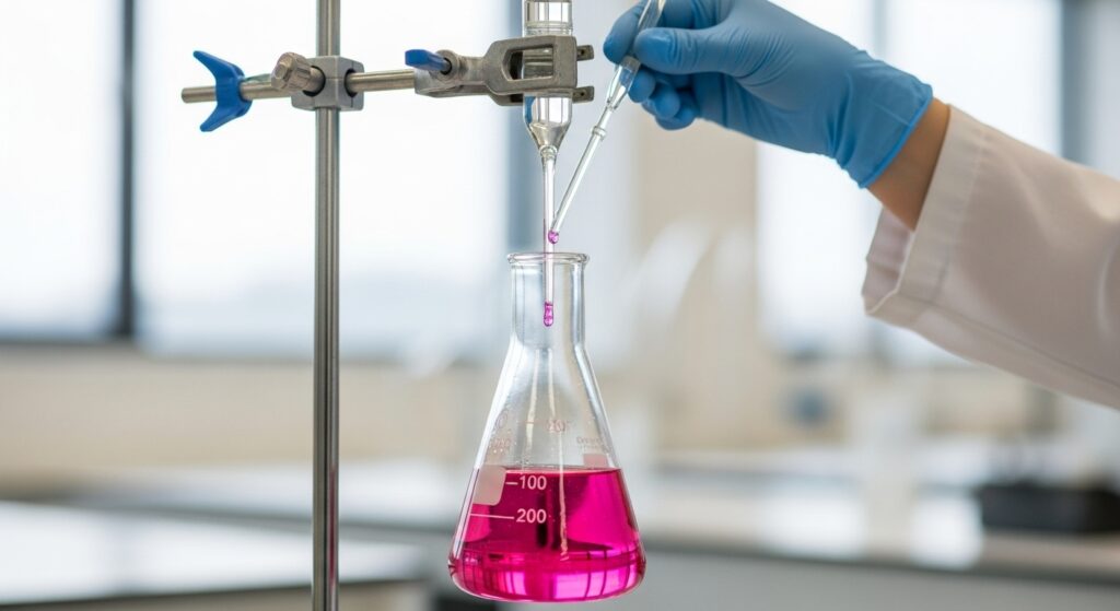 The free fatty acid in oil procedure (titration) being performed in a lab