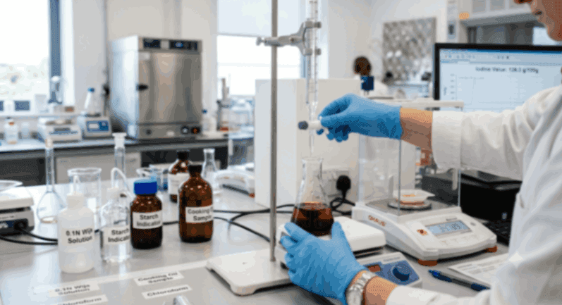 Titration test measuring iodine value of oils to determine unsaturation