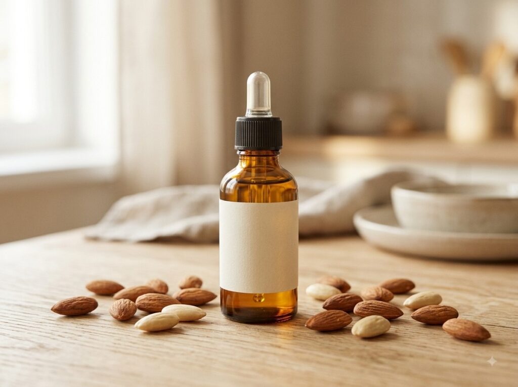Is almond oil good for hair - almond oil bottle with almonds on wooden table