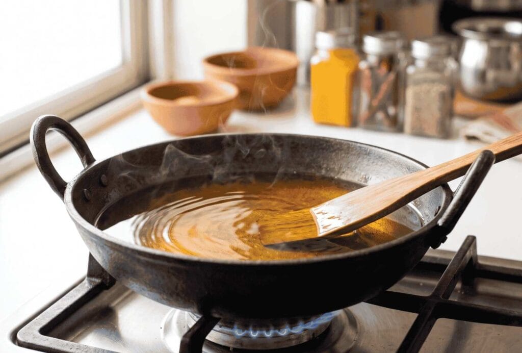 Golden mustard oil heating in a kadai on a gas stove for cooking