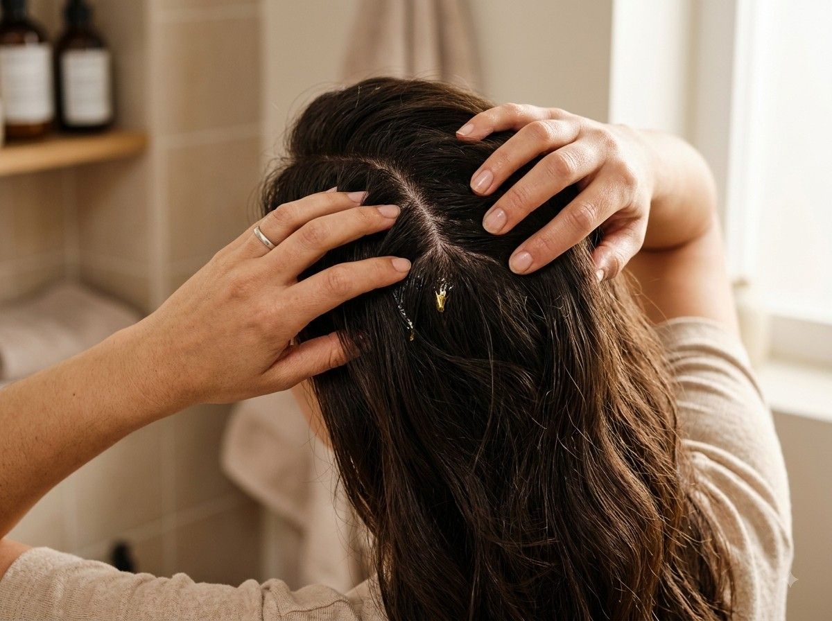 Person applying oil to scalp with fingertips for a scalp massage